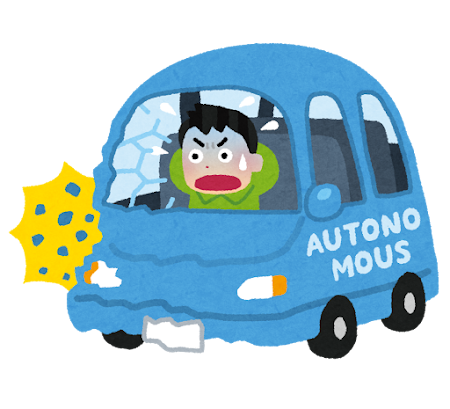 自動運転車に運転を任せている最中に事故に遭ってしまい青ざめている人のイラスト